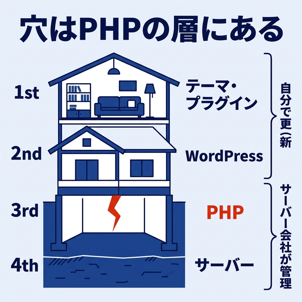 家の断面図。家具はテーマとプラグイン、家はWordPress、基礎はPHP、地面はサーバー。基礎のPHPだけに赤いひびが入っている