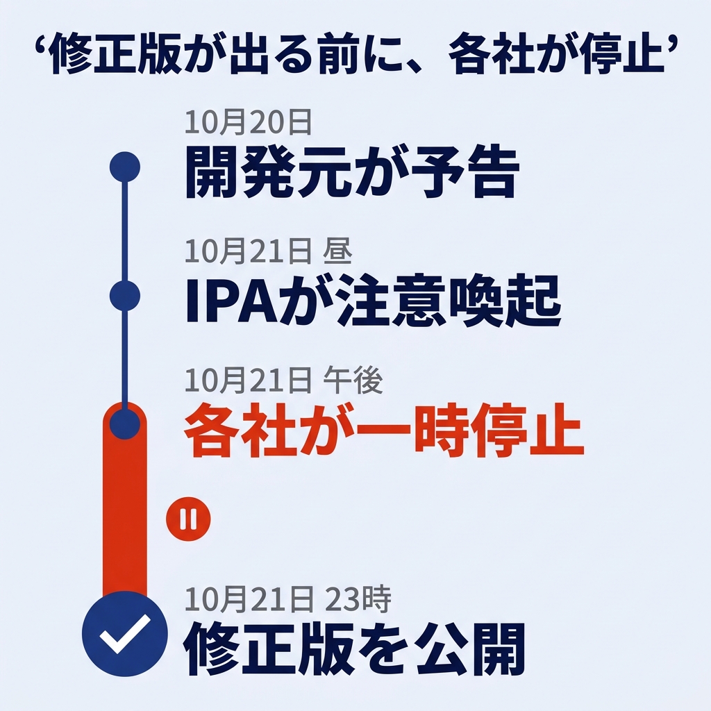 10月20日の開発元の予告から、21日23時の修正版公開までを縦に並べたタイムライン。21日午後から修正版公開までの区間が赤く、各社が一時停止していたことを示している