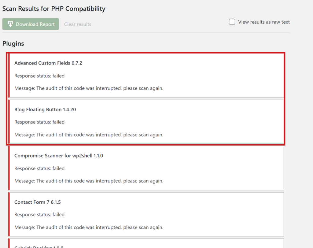 Scan site を押した結果。Advanced Custom Fields や Contact Form 7 など、どのプラグインも「Response status: failed」「Message: The audit of this code was interrupted, please scan again.」と表示されている